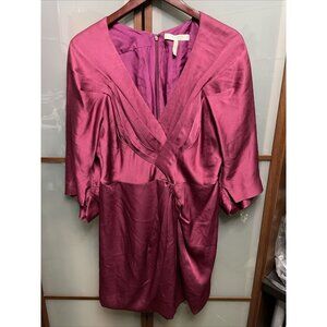 BCBG Maxazria Runway Fuschia Silk V-neck Kimono Cap Sleeve Pleated Dress Size 10